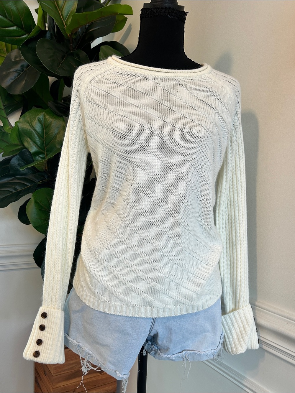 Ivory Crewneck Sweater with Button Cuff Detail